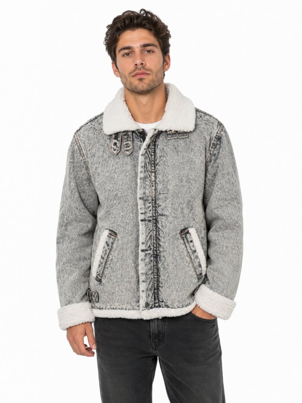 Vintage Jonathan G Acid Wash Sherpa Lined Denim Aviator Bomber Jacket L